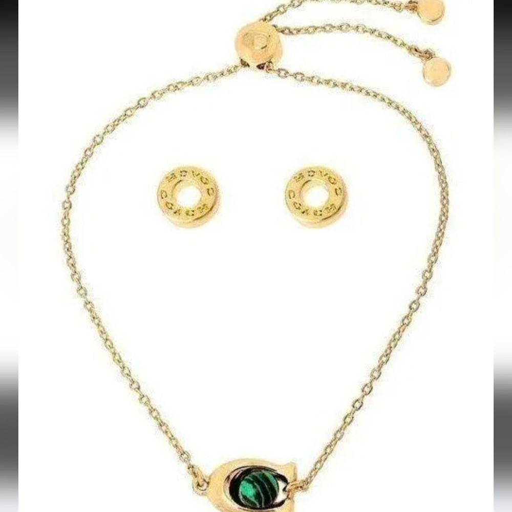 New Coach Set - Signature C Gold Tone Malachite Bracelet & Open Circle Stud